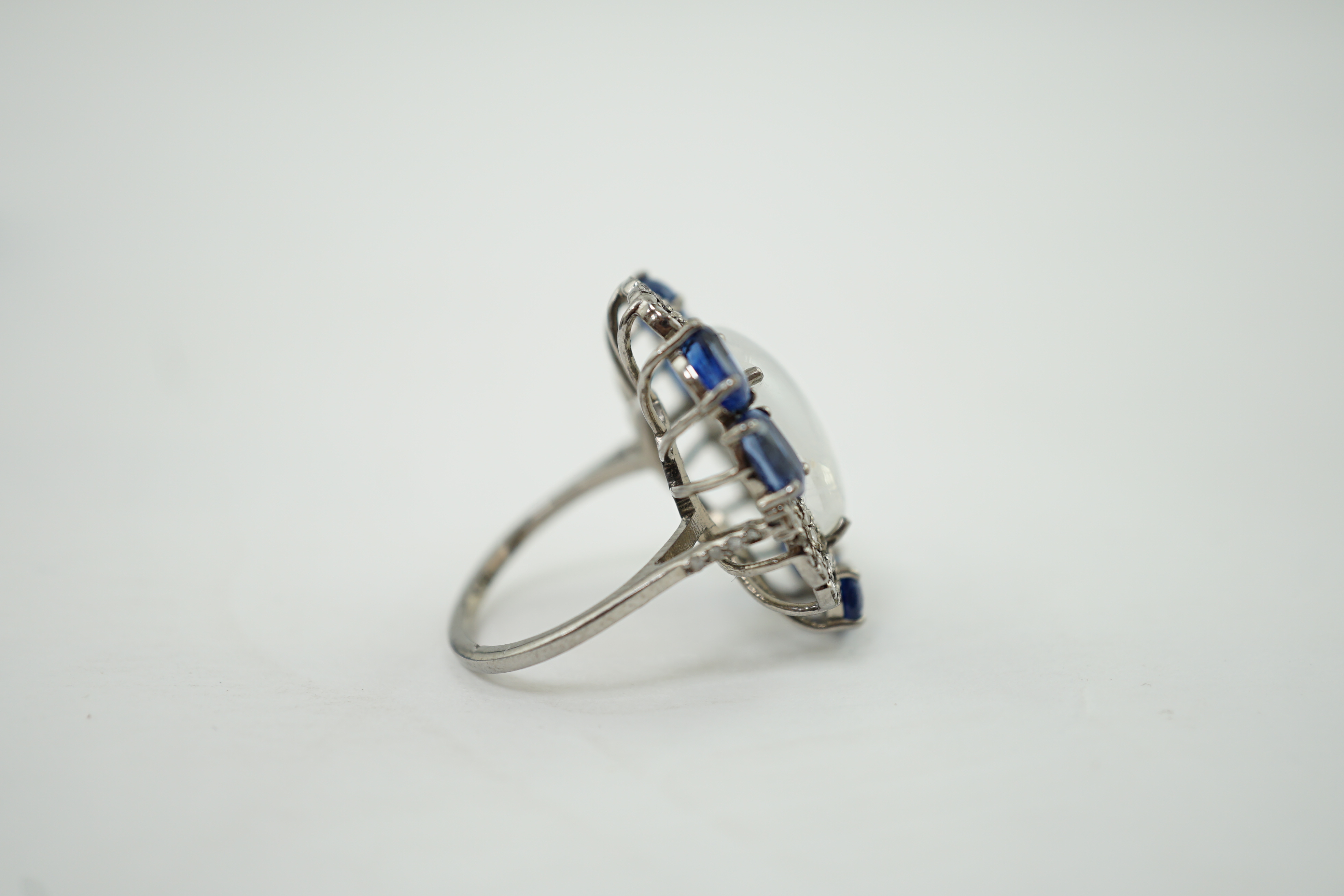 A white gold?, labradorite, sapphire and diamond cluster dress ring